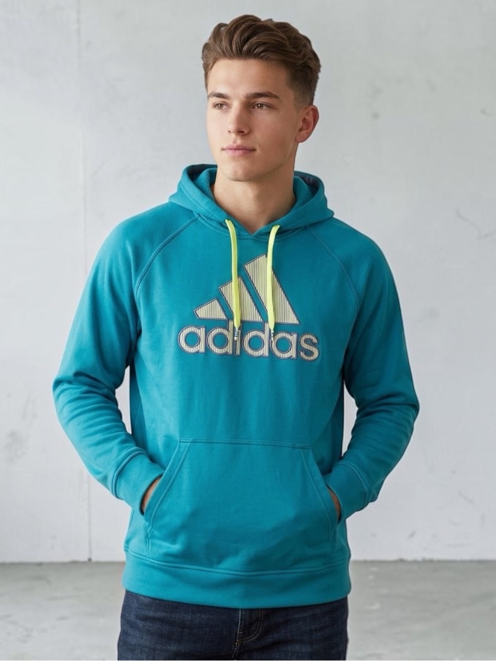 Adidas Fleece Hoodie Graphic Logo 2013 Y2K Athletic Teal Blue Size L